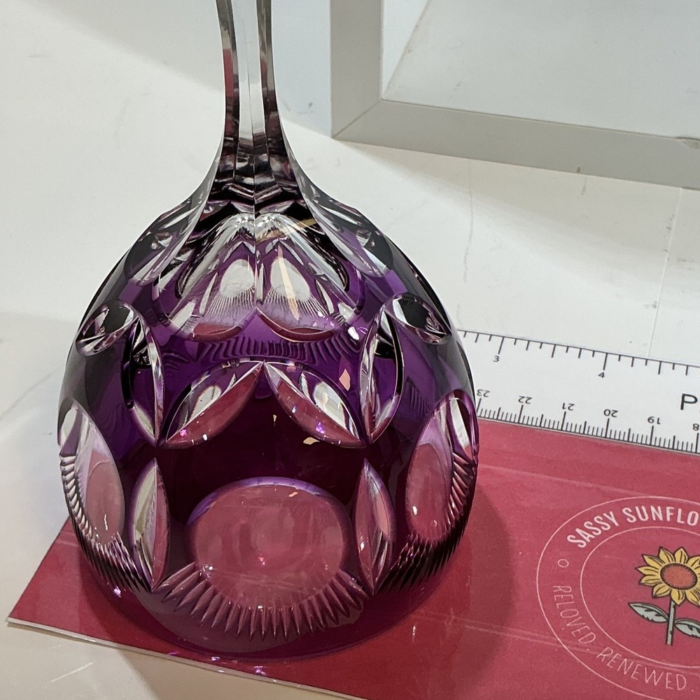 Vintage BOHO Amethyst Purple Cut to Clear Crystal Wine Goblet Faceted Stem 8.25" - Picture 11 of 11